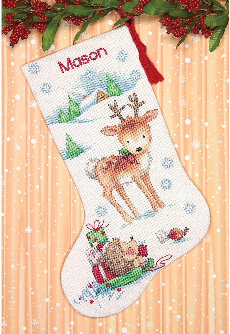 Dimensions Cross Stitch 'Reindeer and Hedgehog' Personalized Christmas Stocking Kit, White Aida, 16'', 14 Count - Image 4