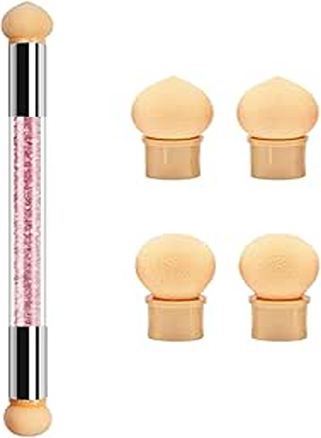 1PC Sponge Nail Brush Picking Dotting Gradient Pen Brush Double Head Sponge Nail Brush Rhinestone Handle Acrylic Nail Painting Brush with 4 Pieces Replacement Head for Nail Art Manicure