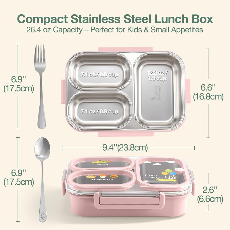 NUKied Stainless Steel Lunch Box for Kids & Adults, 3-Compartment Leak Proof Metal Bento Lunch Box with Fork & Spoon, 26.4 oz Airtight Food Storage Snack Container for School, Work, Travel (Pink) - Image 2