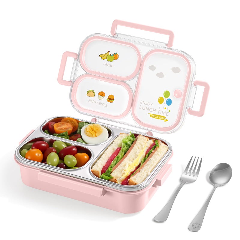 NUKied Stainless Steel Lunch Box for Kids & Adults, 3-Compartment Leak Proof Metal Bento Lunch Box with Fork & Spoon, 26.4 oz Airtight Food Storage Snack Container for School, Work, Travel (Pink) - Image 1