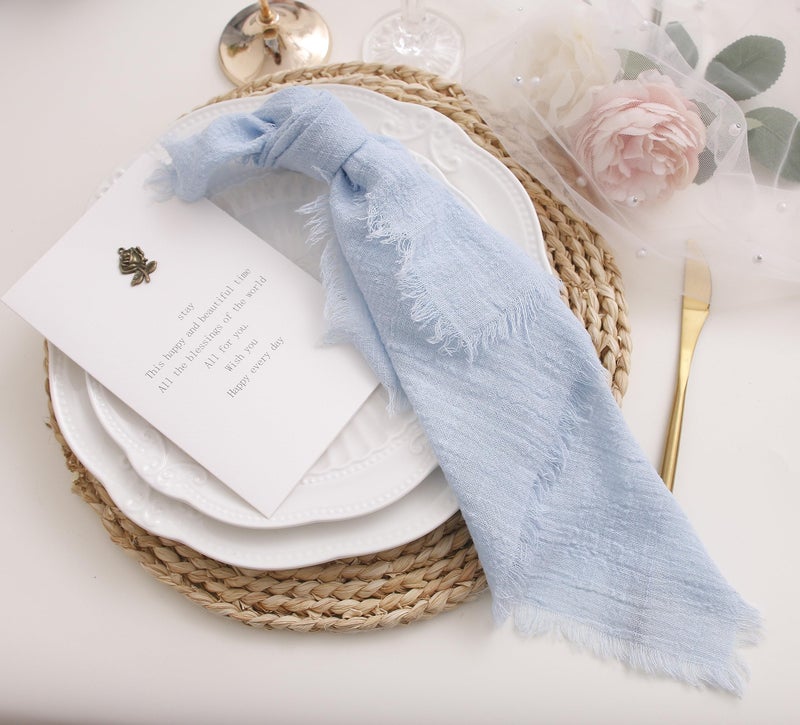 JINVASE Cloth Napkins with Fringe Set of 12,100% Soft Cotton, Gauze Washable Easter Napkins for Wedding Decorative Dinner Parties Spring, (16''*16'') Light Blue - Image 3