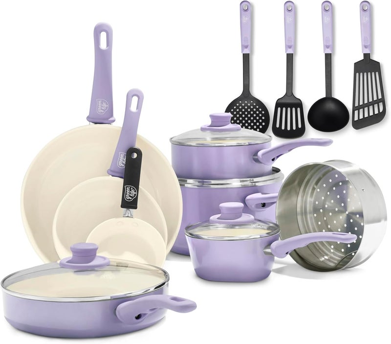 GreenLife CC001792-001 Soft Grip 16 Piece Ceramic Non-Stick Cookware Set, Lavender - Image 1