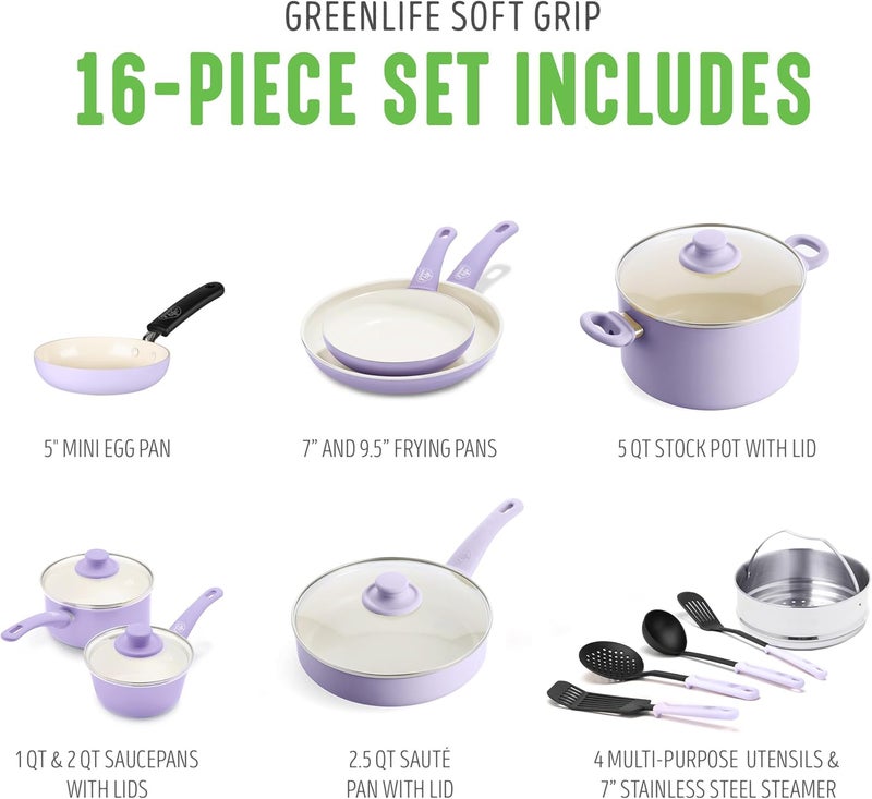 GreenLife CC001792-001 Soft Grip 16 Piece Ceramic Non-Stick Cookware Set, Lavender - Image 3