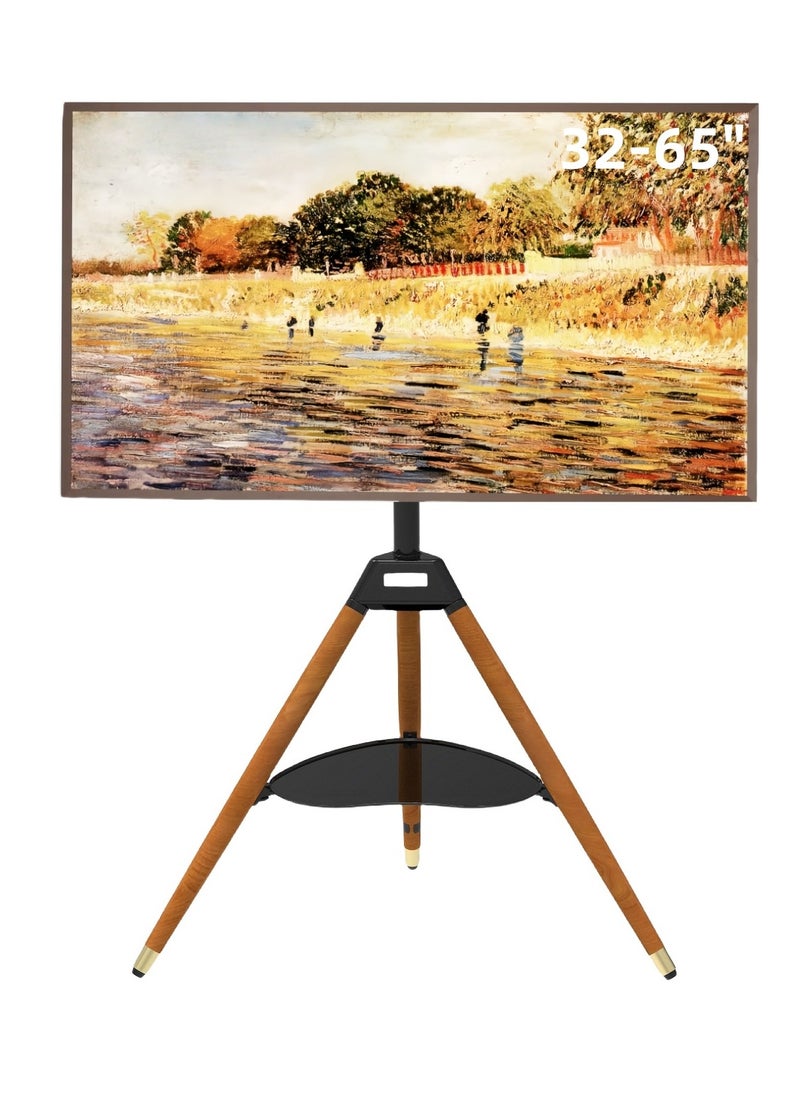 FlashHawk Rotating 180° Floor TV Stand with Storage Base, Height Adjustable Wood Tripod TV Mount for 32-65 Inch Screens, Holds 35kg, VESA 400x400, Anti-Tip Safety Strap for Living Room/Office Black  - Image 1