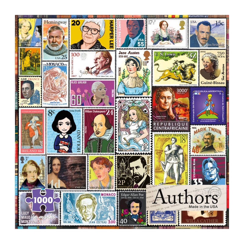 Re-Marks Remarks Famous Authors PostageStamp Collage Puzzle 1000 Piece Jigsaw Puzzle for All Ages - Image 4