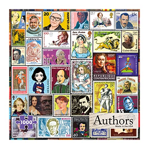 Re-Marks Remarks Famous Authors PostageStamp Collage Puzzle 1000 Piece Jigsaw Puzzle for All Ages - Image 1