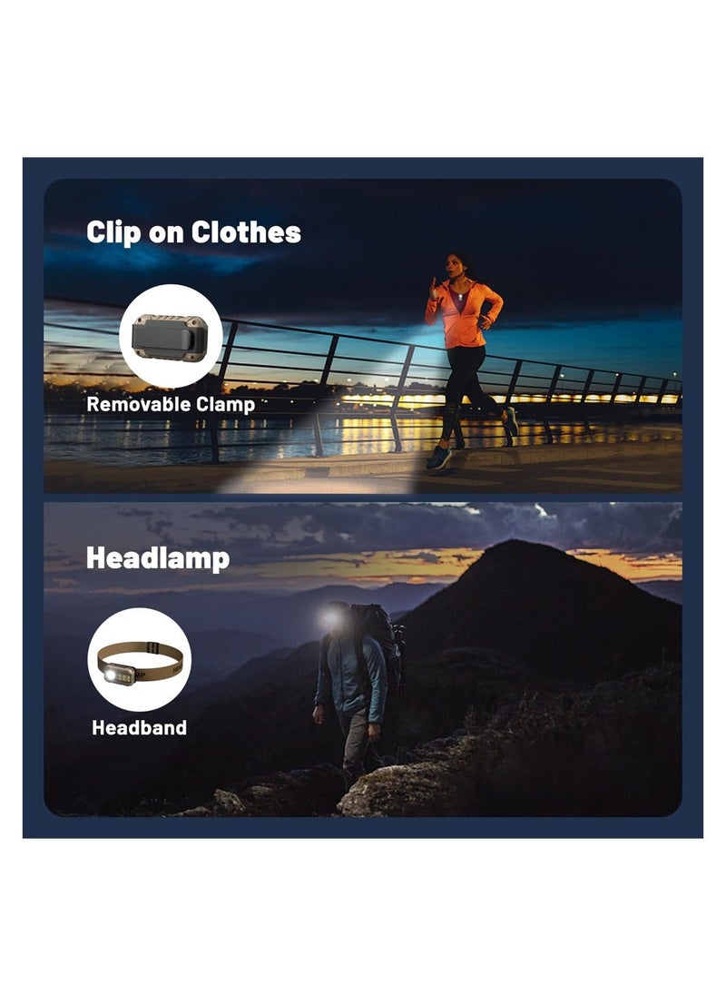 Running Lights, 2 Packs LED Rechargeable Headlamp with 5 Modes & Motion Sensor, 70° Tilt, 800mAh Hands Free Flashlight, Clip On Running Lights for Camping Hiking Running Jogging
