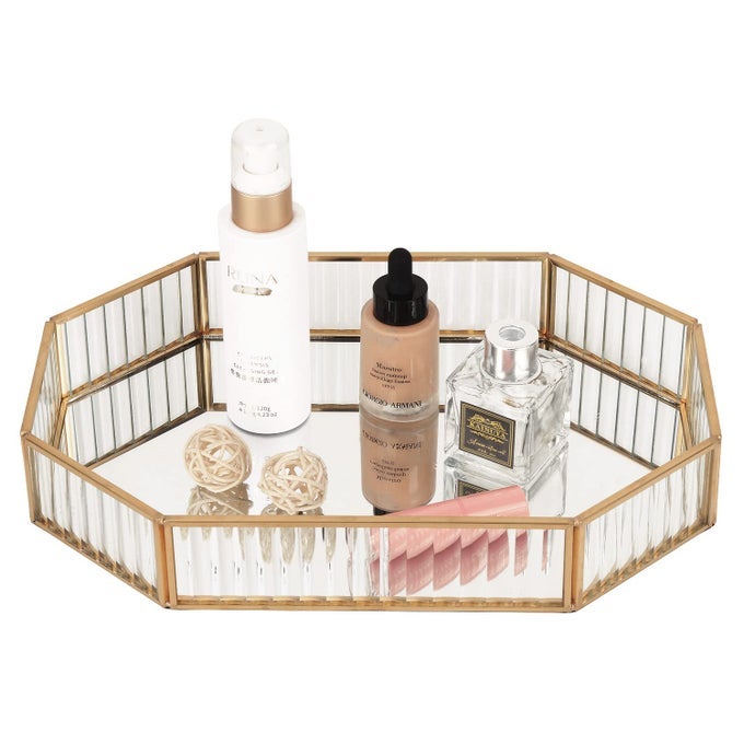 METAL DECORATIVE TRAY MIRROR GOLD MIRROR TRAY PERFUME TRAY MIRROR VANITY TRAY DRESSER TRAY JEWELRY GLASS PERFUME ORGANIZER MAKEUP TRAY COSMETIC TRAY STORAGE TRAY FOR VANITY DRESSER BATHROOML