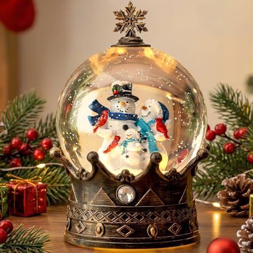 Snow Globe Lighted Christmas Decorations Snowman Family Musical Crown Snow Globe Lantern with Swirling Glitter Christmas Holiday Party Gifts and Decorations