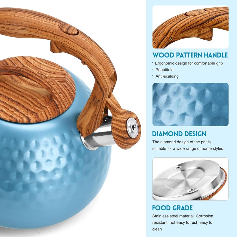 GGC Tea Kettle for Stove Top, Loud Whistling Kettle for Boiling Water Coffee or Milk, 3.1 Quart 3L Heavy Stainless Steel Blue Kettle with Wood Pattern Handle, Unique Button Control Kettle Outlet - Image 2