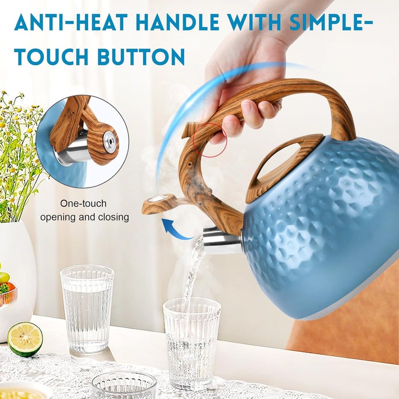 GGC Tea Kettle for Stove Top, Loud Whistling Kettle for Boiling Water Coffee or Milk, 3.1 Quart 3L Heavy Stainless Steel Blue Kettle with Wood Pattern Handle, Unique Button Control Kettle Outlet - Image 5