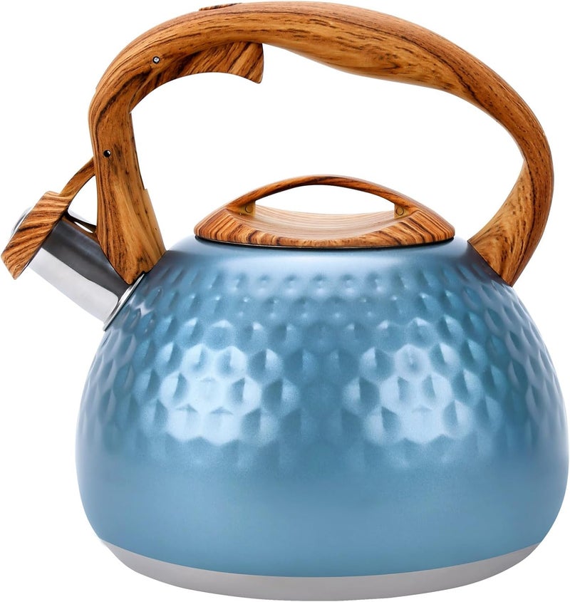 GGC Tea Kettle for Stove Top, Loud Whistling Kettle for Boiling Water Coffee or Milk, 3.1 Quart 3L Heavy Stainless Steel Blue Kettle with Wood Pattern Handle, Unique Button Control Kettle Outlet - Image 1