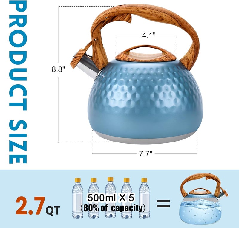 GGC Tea Kettle for Stove Top, Loud Whistling Kettle for Boiling Water Coffee or Milk, 3.1 Quart 3L Heavy Stainless Steel Blue Kettle with Wood Pattern Handle, Unique Button Control Kettle Outlet - Image 3