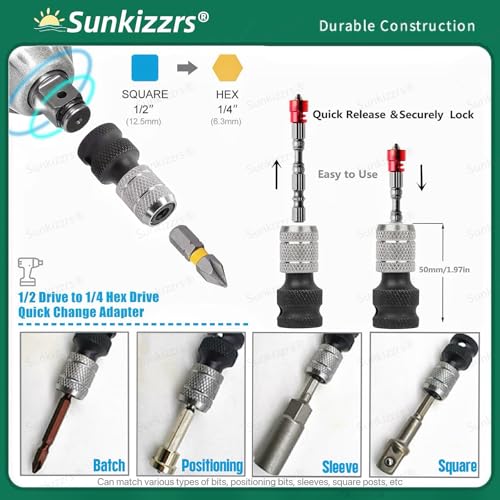 Sunkizzrs® 2-Set Rapid Release Chuck Converter—1/2" Square Drive to 1/4" Hex Female Socket Adapter—Heavy Release Impact Bit Holder—Drill Chucks Adaptor Conversion for Impact Wrench included Ring & Rod - Image 4