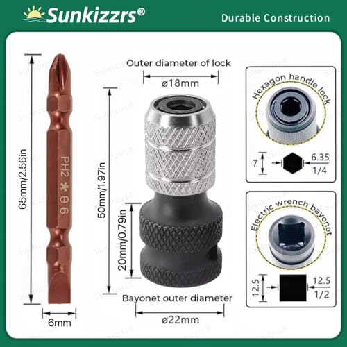 Sunkizzrs® 2-Set Rapid Release Chuck Converter—1/2" Square Drive to 1/4" Hex Female Socket Adapter—Heavy Release Impact Bit Holder—Drill Chucks Adaptor Conversion for Impact Wrench included Ring & Rod - Image 2