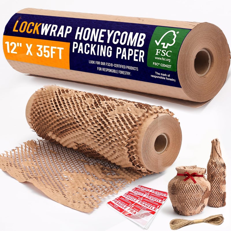 HEXAWRAP Honeycomb Packing Paper 12" x 35ft with Rope & 20 Fragile Stickers|Shipping & Moving Supplies|Small Business Packaging Supplies|Eco Friendly Bubble Wrap Packing Boxes for Moving - Image 1
