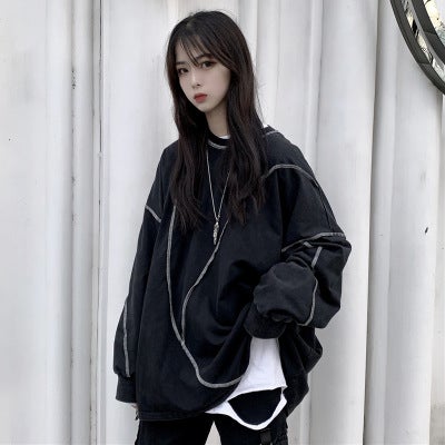 2024 Korean Autumn Thin Round Neck Sweatshirt for Women Black  - Image 1