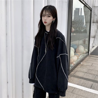 2024 Korean Autumn Thin Round Neck Sweatshirt for Women Black  - Image 4