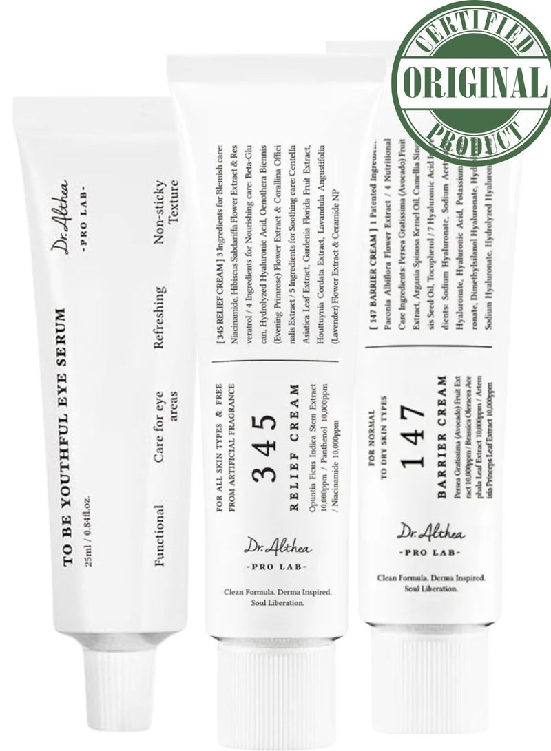 دي آر.ألثيا ثلاثي مكافحة التجاعيد وإحياء منطقة تحت العين – شدّ، تفتيح وإصلاح الحاجز – Dr. Althea 345 Relief Cream, 147 Barrier Cream & To Be Youthful Eye Serum - Image 1