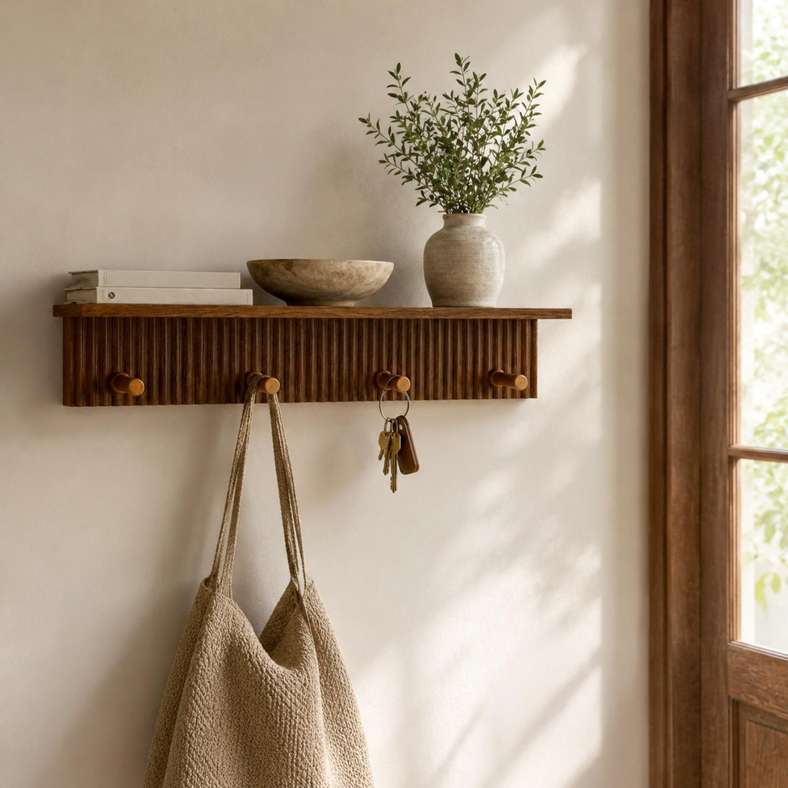 Pan Home Berie Wood Modern Shelf With Hooks 45.6x10x10cm - Brown - 196AIC9904779 - Image 1