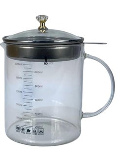 Glass Oil Strainer Pot with Lid, 1.2L Capacity, Measurement Markings, Fine Mesh Filter, Kitchen Grease Storage Container (1200ml)