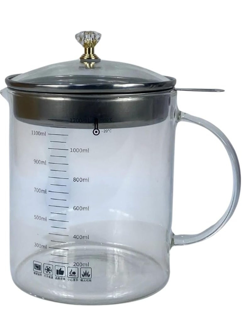Spaceshoop - Glass Oil Strainer Pot with Lid, 1.2L Capacity, Measurement Markings, Fine Mesh Filter, Kitchen Grease Storage Container (1200ml) - Image 1