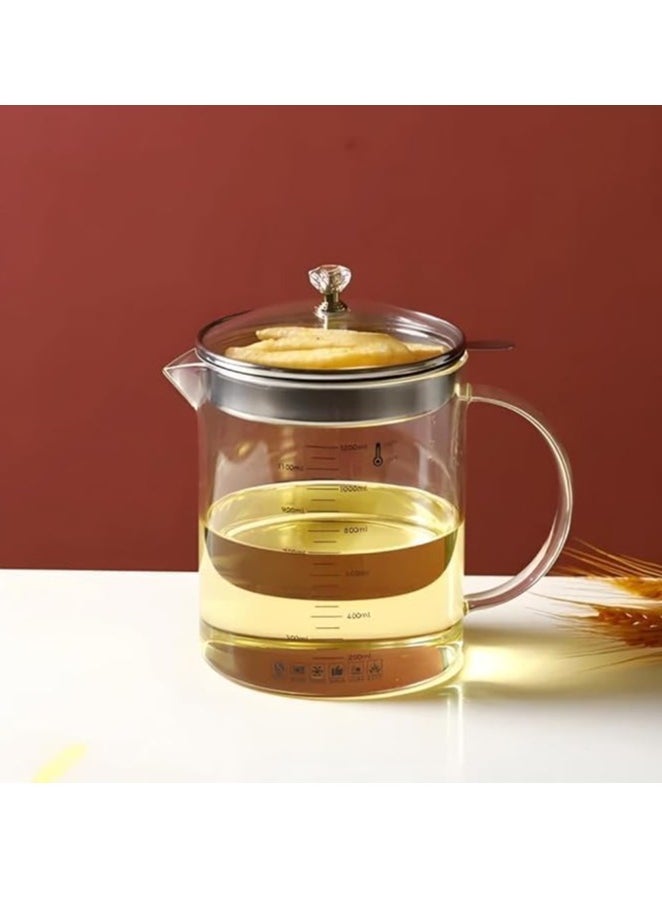 Spaceshoop - Glass Oil Strainer Pot with Lid, 1.2L Capacity, Measurement Markings, Fine Mesh Filter, Kitchen Grease Storage Container (1200ml) - Image 1
