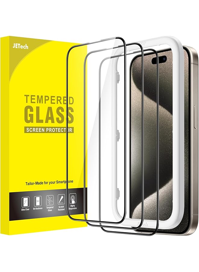 جي تيك واقي شاشة بتغطية كاملة لهاتف آيفون 15 برو ماكس مقاس 6.7 بوصة بحافة سوداء من الزجاج المقوى مع أداة تثبيت سهلة، عبوة من 3 قطع شفافة عالية الدقة - Image 1