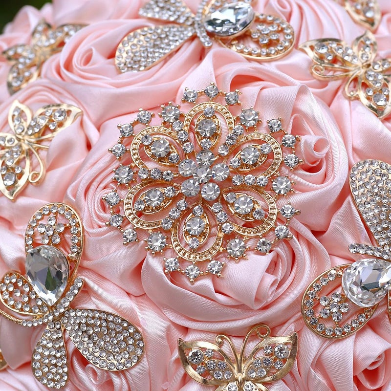 TUAGYMKR Handmade Rhinestone Brooch Satin Bridal Bouquet,7.5inches Crystal Wedding Round Tossing Bouquet, Artificial Flower Bunch with Diamond Pearl Ribbon (07#Pink) - Image 5