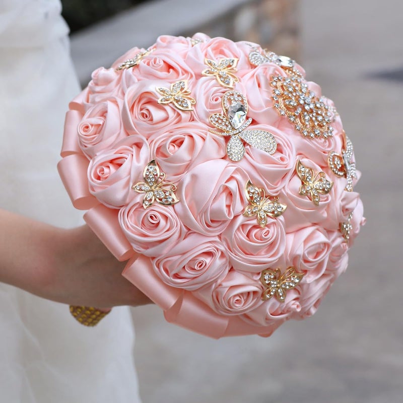 TUAGYMKR Handmade Rhinestone Brooch Satin Bridal Bouquet,7.5inches Crystal Wedding Round Tossing Bouquet, Artificial Flower Bunch with Diamond Pearl Ribbon (07#Pink) - Image 3