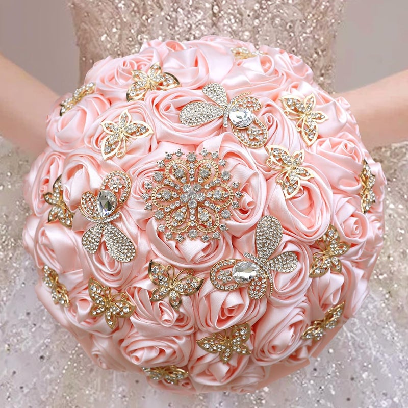 TUAGYMKR Handmade Rhinestone Brooch Satin Bridal Bouquet,7.5inches Crystal Wedding Round Tossing Bouquet, Artificial Flower Bunch with Diamond Pearl Ribbon (07#Pink) - Image 1