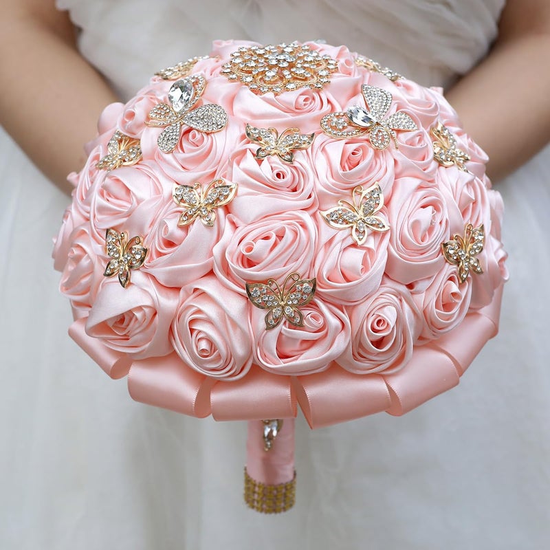 TUAGYMKR Handmade Rhinestone Brooch Satin Bridal Bouquet,7.5inches Crystal Wedding Round Tossing Bouquet, Artificial Flower Bunch with Diamond Pearl Ribbon (07#Pink) - Image 2