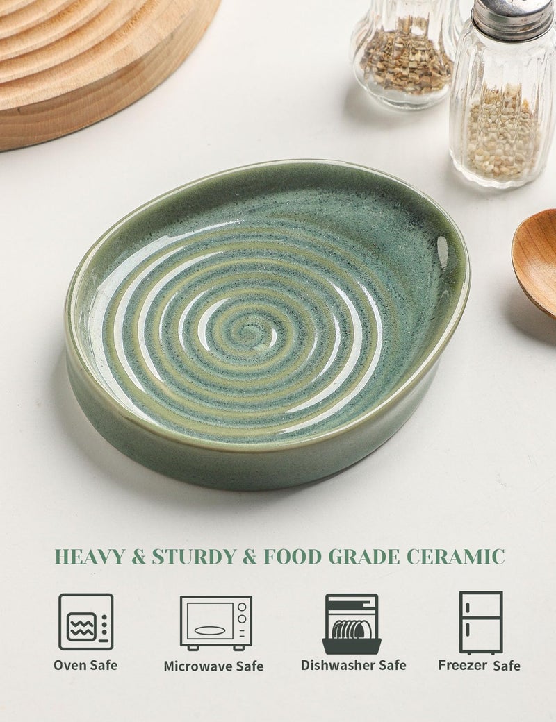 Seyatoo Ceramic Spoon Rest for Stove Top, Spoon Holder for Kitchen Counter, Farmhouse Cooking Utensil Holder for Spoons, Ladles, Spatula, Glazed Green - Image 3