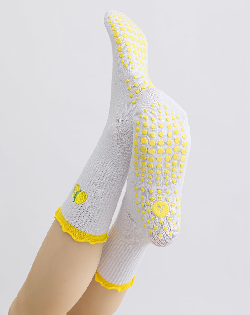 Yawlsow Cute Pilates Grip Socks for Women Ruffle Frilly Yoga Socks Non Slip Cotton Crew Grippy Sock for Barre Workout (US, Alpha, One Size, Regular, Regular, 1 Pack-Yellow-Lemon) - Image 2