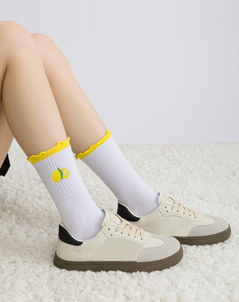 Yawlsow Cute Pilates Grip Socks for Women Ruffle Frilly Yoga Socks Non Slip Cotton Crew Grippy Sock for Barre Workout (US, Alpha, One Size, Regular, Regular, 1 Pack-Yellow-Lemon) - Image 3