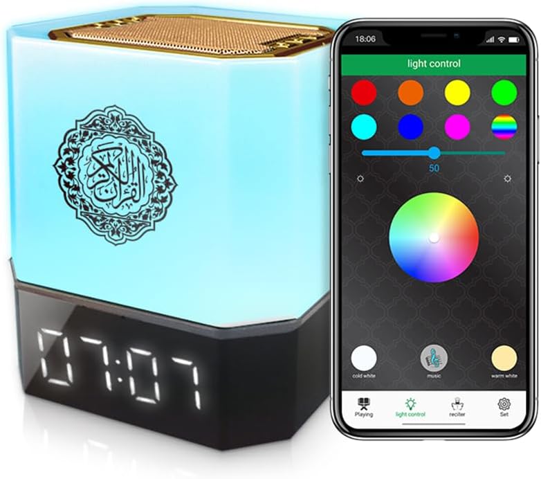 تيكسيم مكبر صوت ذكي للقرآن مع 7 ألوان مع أضواء LED RGB، متوافق مع البلوتوث، شاشة عرض رقمية لأوقات الصلاة، التحكم عبر التطبيق، مصباح متغير الألوان، مشغل صوت إسلامي مع تحكم باللمس - Image 1