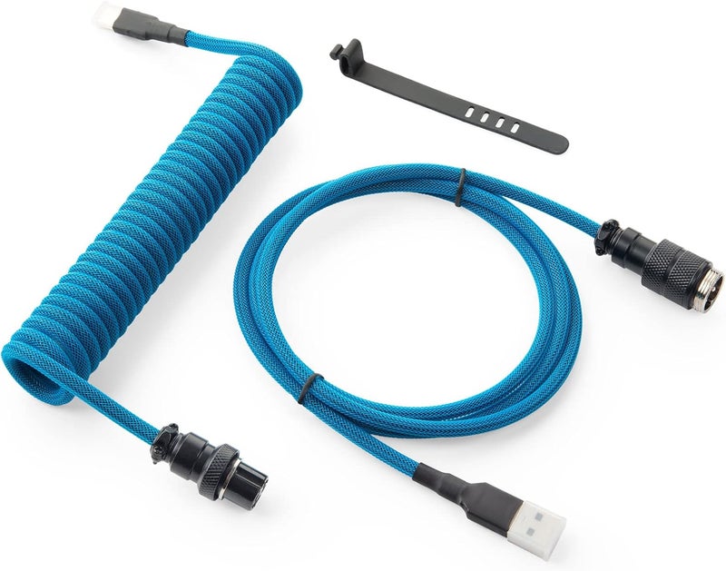 GUNMJO كابل USB-C ملتف مخصص من Pro للوحات مفاتيح الألعاب، كابل لوحة مفاتيح ميكانيكي مزدوج التغليف مع أفياتور معدني قابل للفصل، 1.5 متر USB-C إلى USB-A، لون أزرق - Image 1