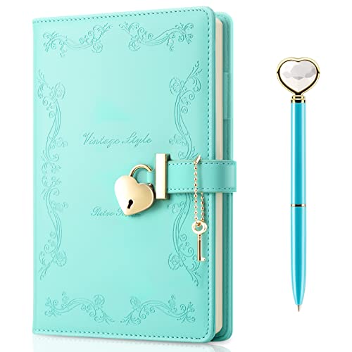 Mousbull Lock Diary with Key and Pen for Girls, 192 Pages Vintage Leather Heart Shaped Journal Notebook with Lock and Diamond Pen, A5 Cute Locked Secret Diaries for Women (Green) - Image 1