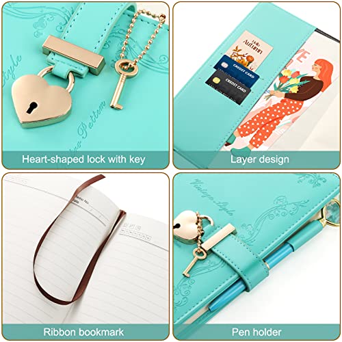 Mousbull Lock Diary with Key and Pen for Girls, 192 Pages Vintage Leather Heart Shaped Journal Notebook with Lock and Diamond Pen, A5 Cute Locked Secret Diaries for Women (Green) - Image 2
