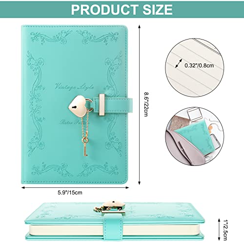 Mousbull Lock Diary with Key and Pen for Girls, 192 Pages Vintage Leather Heart Shaped Journal Notebook with Lock and Diamond Pen, A5 Cute Locked Secret Diaries for Women (Green) - Image 3