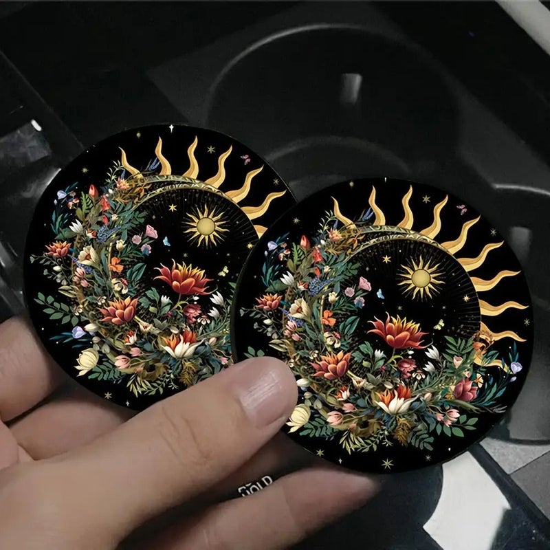 2pcs Rubber Coasters With Sun Moon Floral Design for Car Cup Holders Home - Image 4