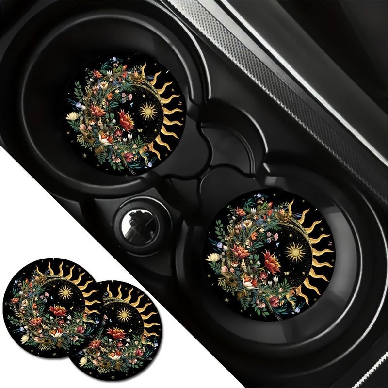 2pcs Rubber Coasters With Sun Moon Floral Design for Car Cup Holders Home - Image 1