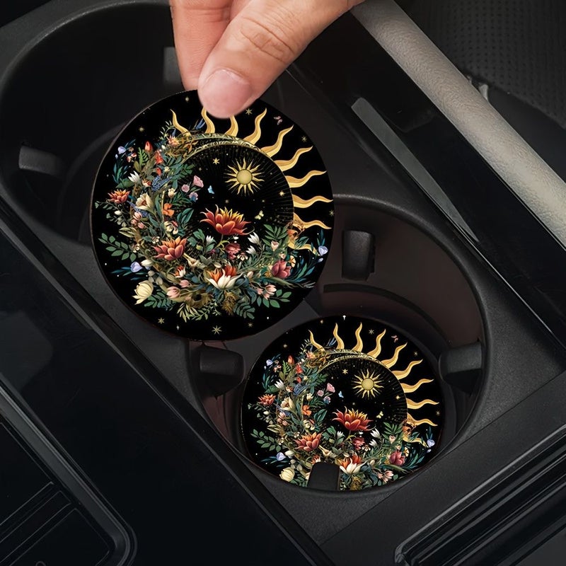 2pcs Rubber Coasters With Sun Moon Floral Design for Car Cup Holders Home - Image 5