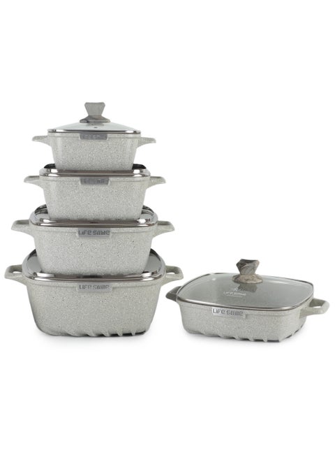 Nonstick Cookware Set -Oven Safe Aluminum Cookwares -Granite Coated Cooking Pots & Pan Set Includes  includes 20cm/24cm/28cm/32cm Soup pot with lid and 28cm Shallow pot with Lid-100% PFOA Free Cooking Set(Grey)