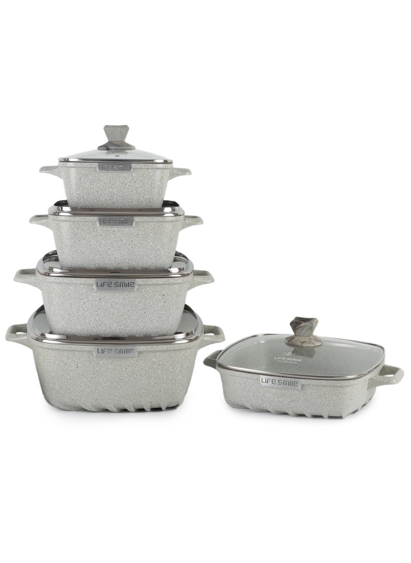 Nonstick Cookware Set -Oven Safe Aluminum Cookwares -Granite Coated Cooking Pots & Pan Set Includes  includes 20cm/24cm/28cm/32cm Soup pot with lid and 28cm Shallow pot with Lid-100% PFOA Free Cooking Set(Grey)
