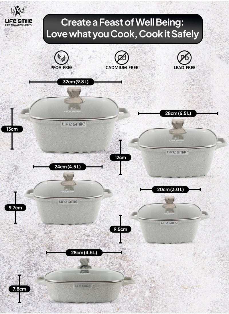 Nonstick Cookware Set -Oven Safe Aluminum Cookwares -Granite Coated Cooking Pots & Pan Set Includes  includes 20cm/24cm/28cm/32cm Soup pot with lid and 28cm Shallow pot with Lid-100% PFOA Free Cooking Set(Grey)