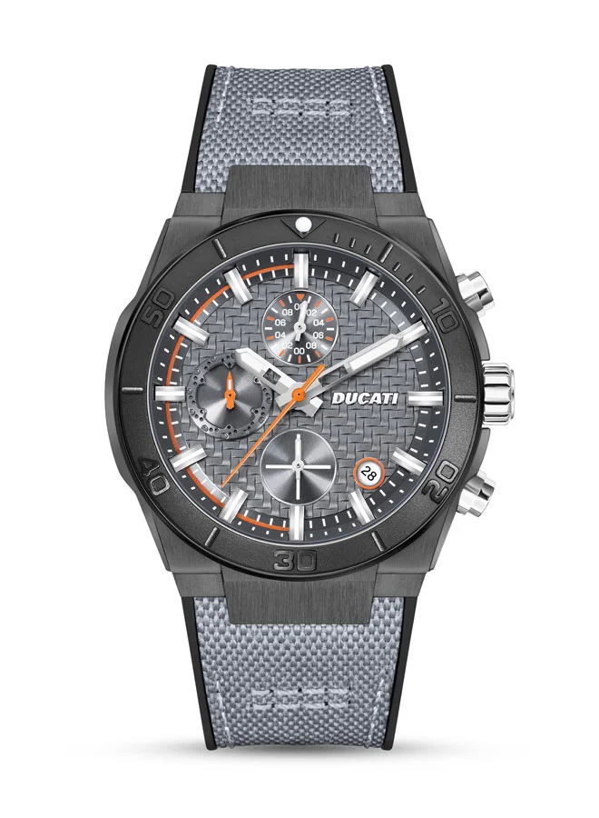 دوكاتي Ducati DT007 Chronograph Watch - 43.5MM Textured Gun Dial with Orange Accents, Grey Leather Strap, Water Resistant up to 50M, Iconic Racing Design for Everyday Style