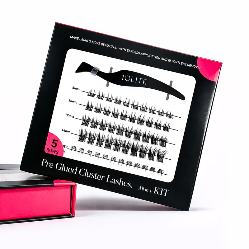 DIY Lash Clusters – Iolite Pre-Glued Premade Lash Kit, Self-Adhesive Russian Eyelash Extensions Fluffy Wispy Cat Eye False Lashes Premade Volume & Classic Clusters Easy Apply with Tweezers, Reusable
