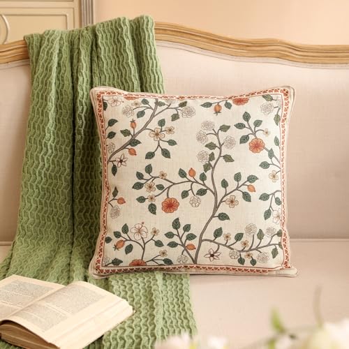 ISAENNE Design Linen Classic Throw Pillow Covers 18x18 French Farmhouse Square Cushion Covers with Orange White Floral Pattern Decoration Pillowcases for BedLiving RoomOutdoorCar - Image 3