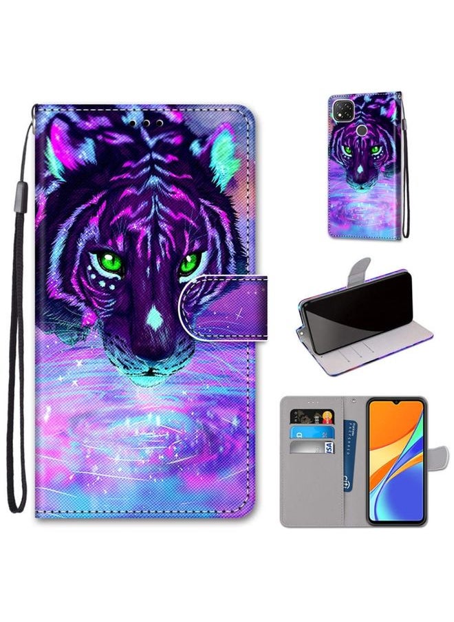 HuHa Case Cover For Xiaomi Redmi 9C Coloured Drawing Cross Texture Horizontal Flip PU Leather Case with Holder & Card Slots & Wallet & Lanyard Tiger Drinking Water 